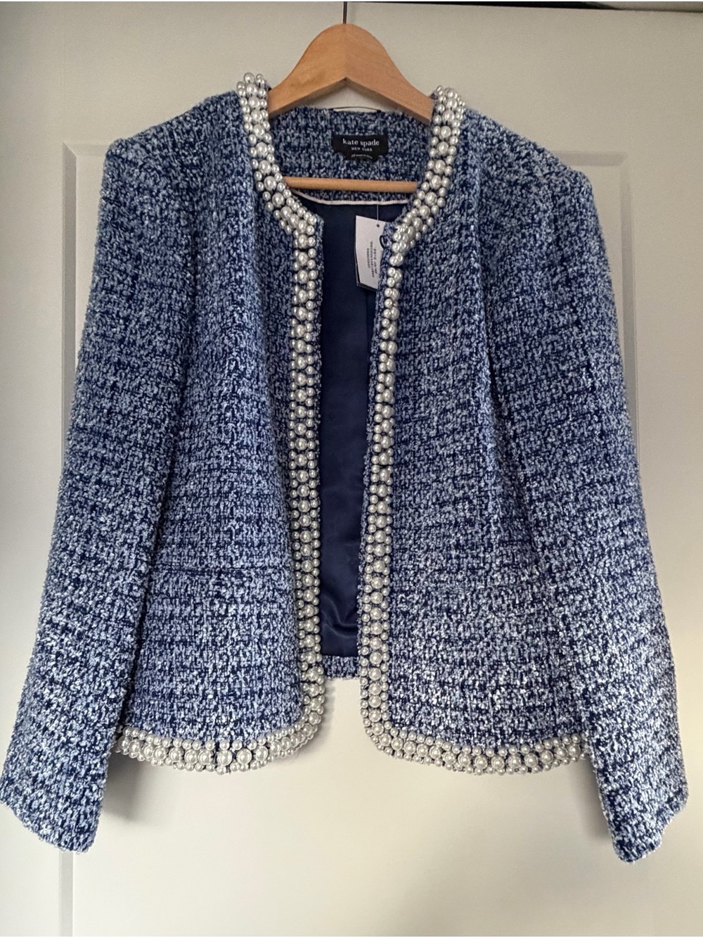 kate spade Navy and White Tweed Pearl-Trim Jacket